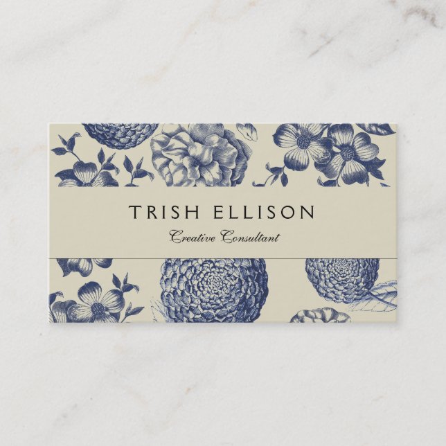 Antique Blue Flower Print Floral Business Card (Front)