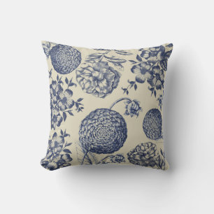 Antique Blue Flower Print Floral Cushion