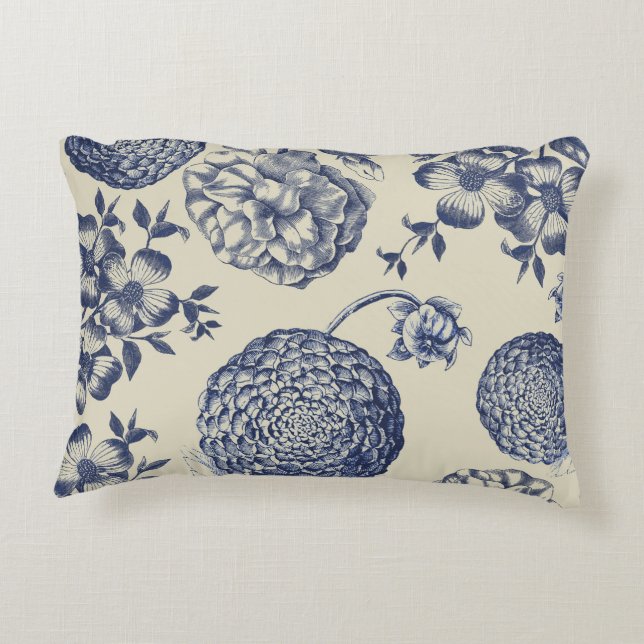Antique Blue Flower Print Floral Decorative Cushion (Back)