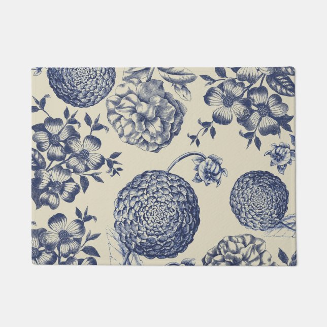 Antique Blue Flower Print Floral Doormat (Front)