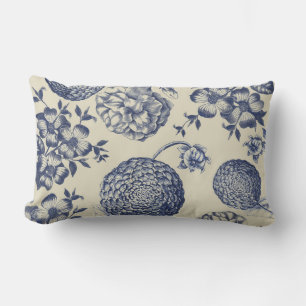 Antique Blue Flower Print Floral Lumbar Cushion