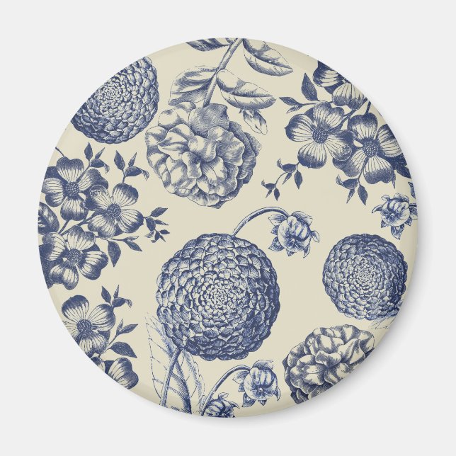 Antique Blue Flower Print Floral Magnet (Front)