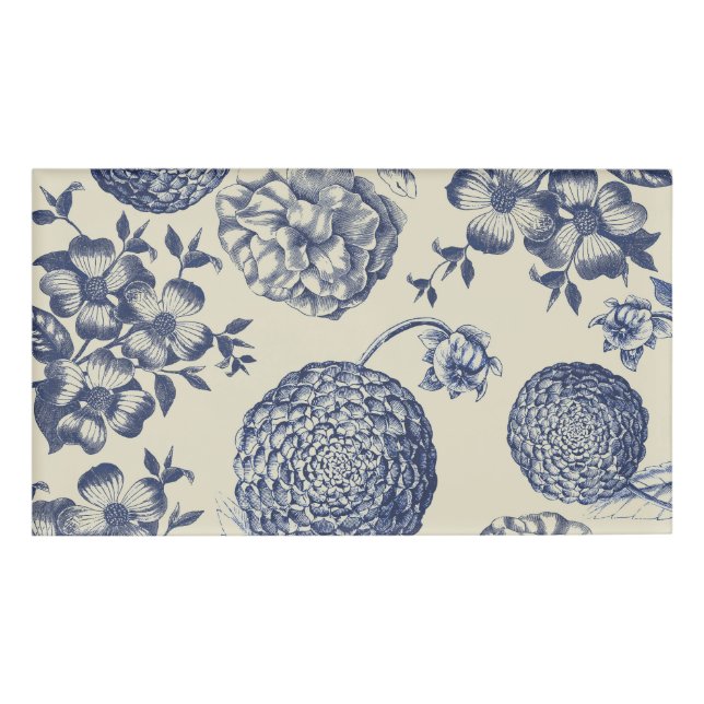 Antique Blue Flower Print Floral Name Tag (Front)
