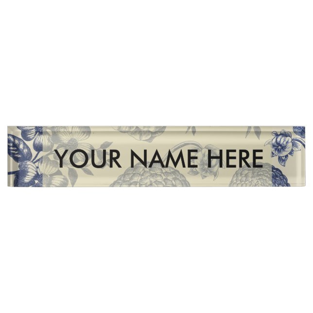 Antique Blue Flower Print Floral Nameplate (Front)