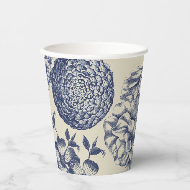 Antique Blue Flower Print Floral Paper Cups (Front)