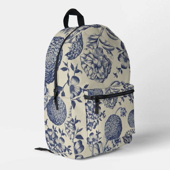 Antique Blue Flower Print Floral Printed Backpack (Back Corner Left)