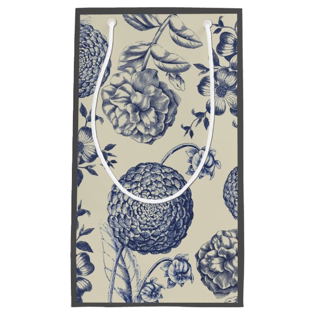 Antique Blue Flower Print Floral Small Gift Bag (Front)