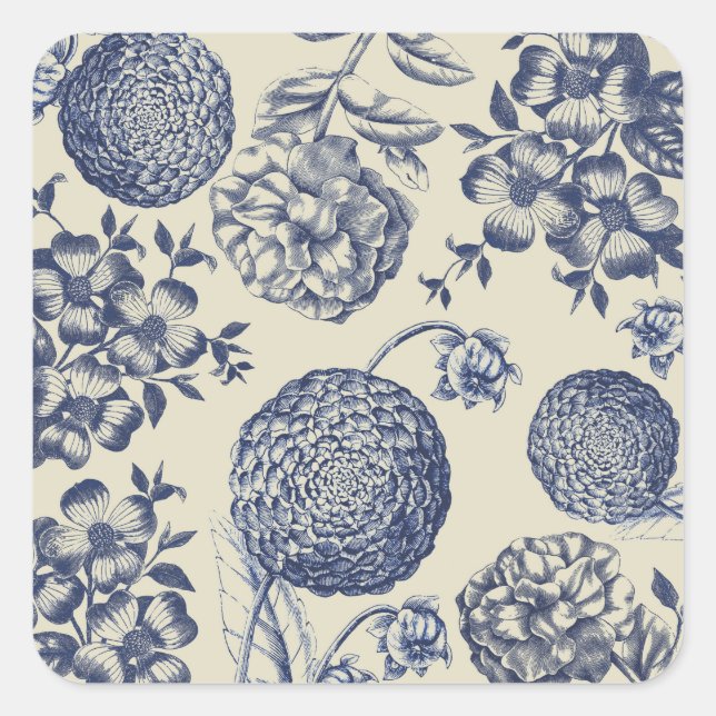 Antique Blue Flower Print Floral Square Sticker (Front)