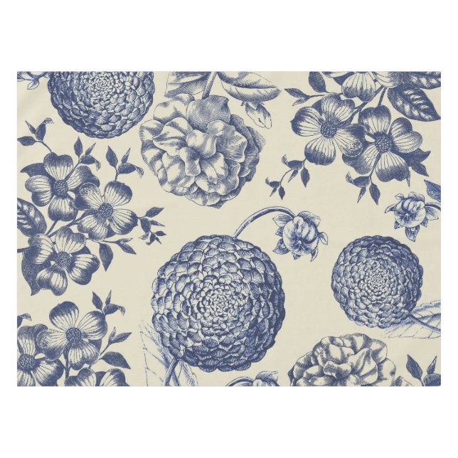 Antique Blue Flower Print Floral Tablecloth (Front (Horizontal))