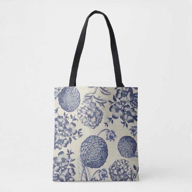 Antique Blue Flower Print Floral Tote Bag (Front)