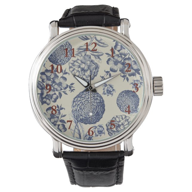 Antique Blue Flower Print Floral Watch (Front)