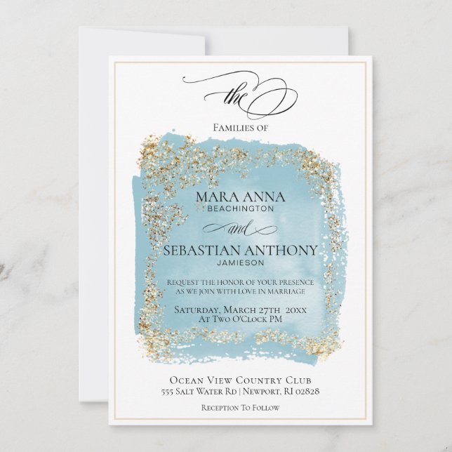 *~* Antique Blue Gold Glitter Wedding Invitation (Front)