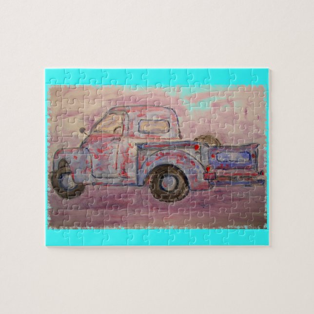antique blue patina truck jigsaw puzzle (Horizontal)