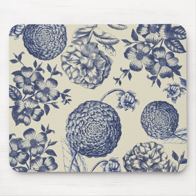 Antique Blue Toile Botanical Flower Print Floral Mouse Pad (Front)
