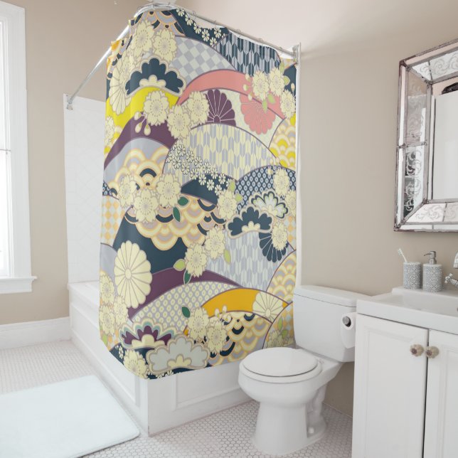 Antique Blue White Japanese Kimono Floral Flower Shower Curtain (In Situ)