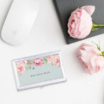 Antique Blush Pink Peony Business Card Holder<br><div class="desc">Elegant and feminine business card case in chic pastel mint sage green features a canopy of blush pink watercolor peony flowers blooming from the top. Personalise with your name,  monogram or business name in modern off-black lettering.</div>