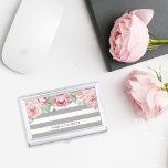 Antique Blush Pink Peony & Grey Stripe Business Card Holder<br><div class="desc">Elegant and feminine business card case in chic grey-beige taupe stripes features a canopy of blush and sage watercolor peony flowers blooming from the top. Personalise with your name,  monogram or business name in modern off-black lettering.</div>