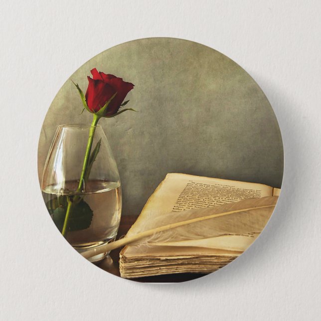 Antique Book and Rose Pinback Button (Front)