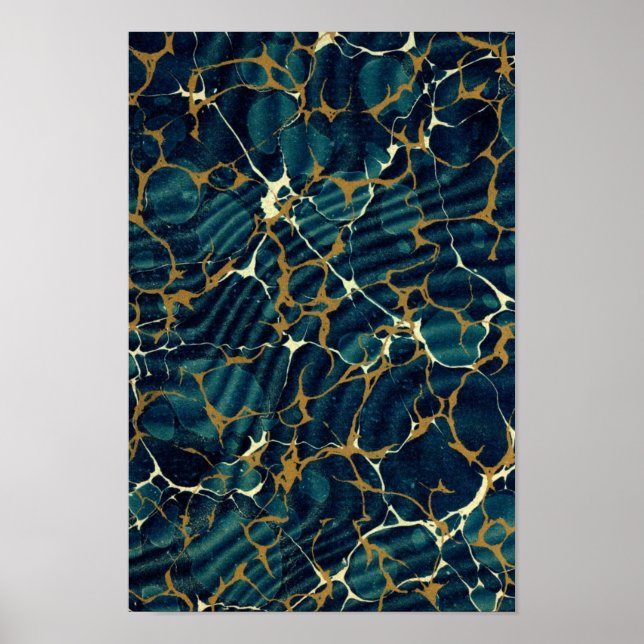 Antique Bookbinding Marbled Endpaper Blue Marbling Poster (Front)