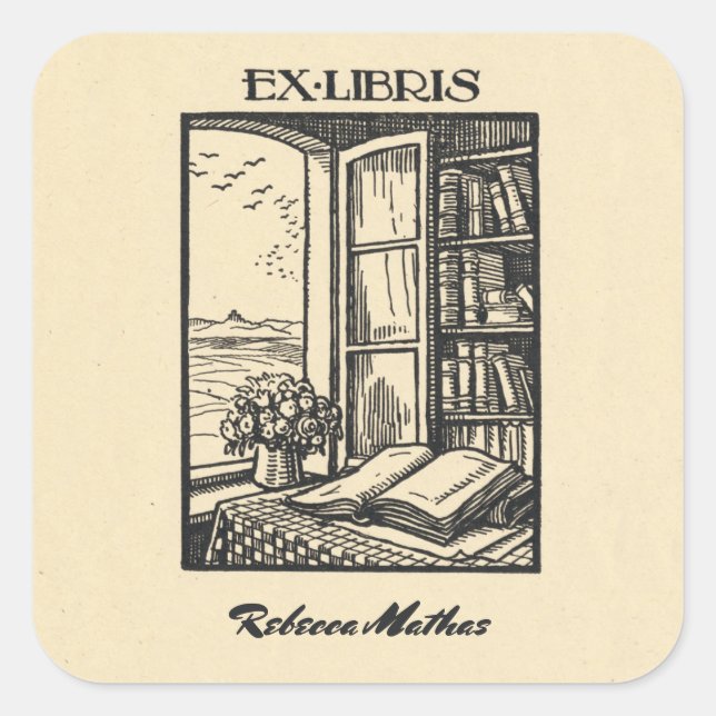 Antique Bookplate Etching Henri Bacher Ex Libris Square Sticker (Front)