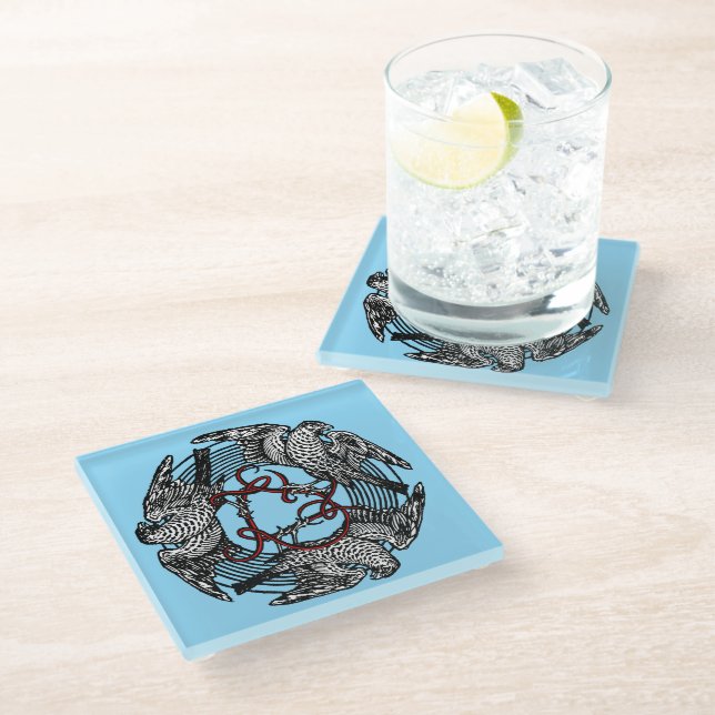 Antique Bookplate Three Hawks William de Morgan Glass Coaster (Angled)