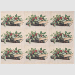 ANTIQUE BOOKS AND HOLLYBERRIES  Christmas Pattern Tissue Paper