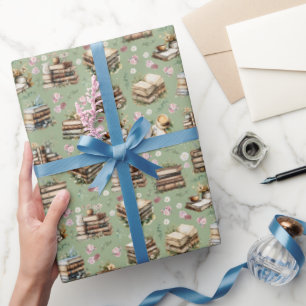 Antique Books & Flowers on Sage Green Wrapping Paper