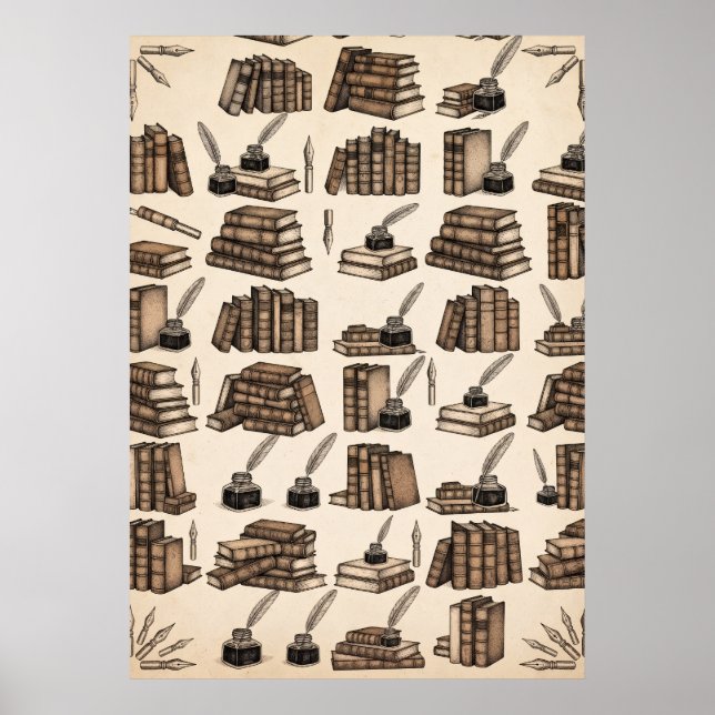Antique Books Quill Ink Vintage Library Poster (Front)
