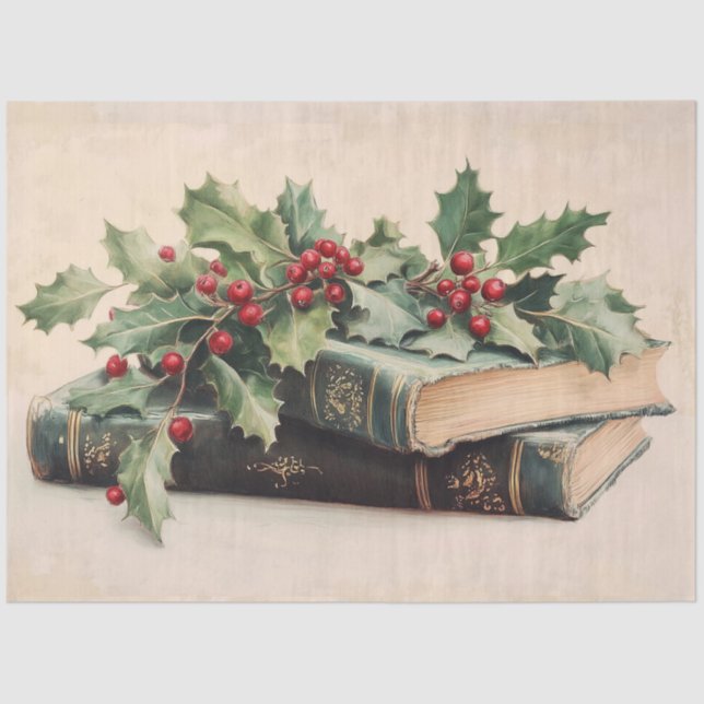 ANTIQUE BOOKS WITH HOLLYBERRIES Vintage Christmas Tissue Paper (Front)