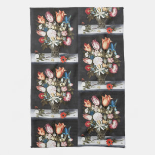 Antique Bosschaert Dutch Tulips and Roses Art Tea Towel