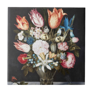 Antique Bosschaert Dutch Tulips and Roses Art Tile