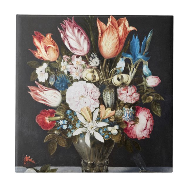 Antique Bosschaert Dutch Tulips and Roses Art Tile (Front)