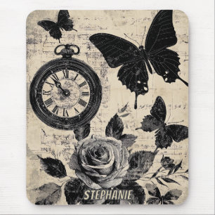 Antique Brown Floral Compass Butterfly Mouse Pad