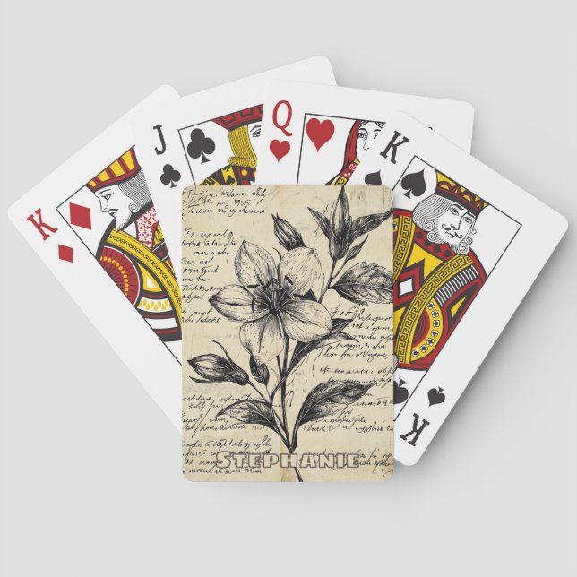 Antique Brown Flowers Calligraphy Parchment Playing Cards (Back)