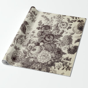Antique Brown Tone Vintage Floral Dahlia Peony Wrapping Paper