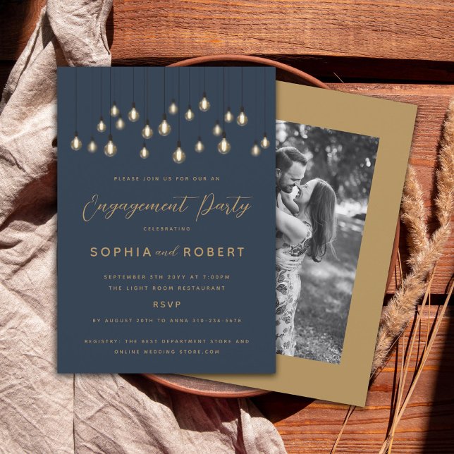 Antique Bulbs Hanging Lights Navy Engagement Party Invitation (Creator Uploaded)