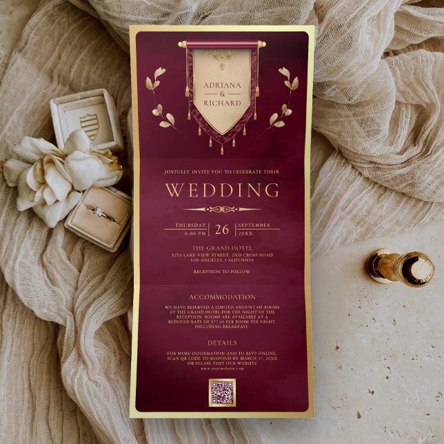Antique Burgundy Gold Scroll Mediaeval Wedding Tri-Fold Invitation (Creator Uploaded)
