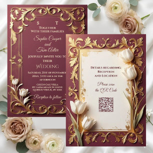 Antique Burgundy Ivory Tulips Gold Baroque Wedding Invitation