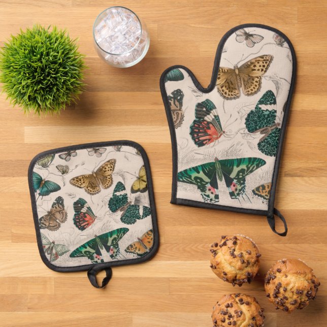 Antique Butterfly Illustration: 1820 Goldsmith Oven Mitt & Pot Holder Set (Top Down)