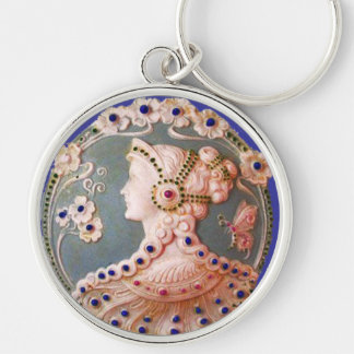ANTIQUE CAMEO / LADY WITH BUTTERFLY AND FLOWERS KEY RING