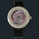 ANTIQUE CAMEO, LADY WITH GRAPES AND GRAPEVINES WATCH<br><div class="desc">Ancient cammeo jewel with a beautiful woman profile with long hair ornamented with grapes and grapevines for vineyard harvest. 3D pink gem stones</div>