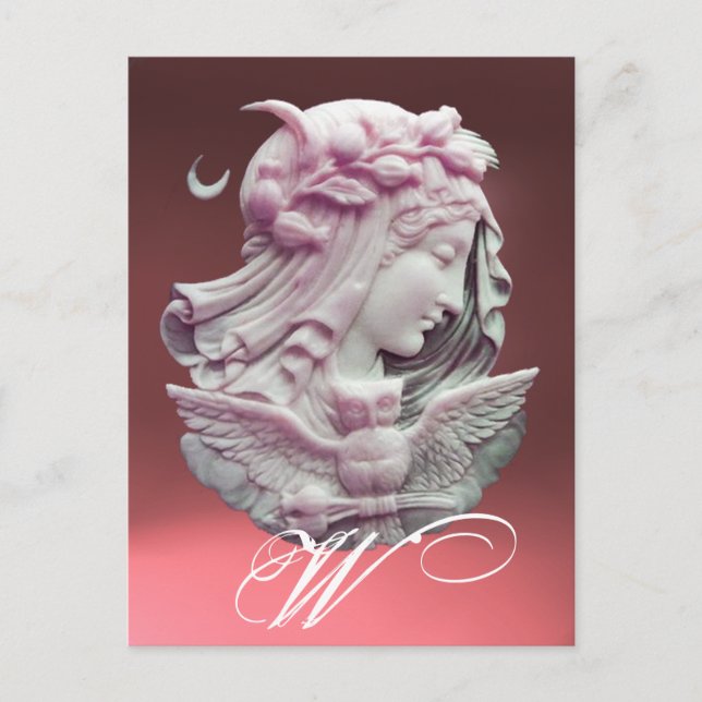 ANTIQUE CAMEO,MOON LADY OF NIGHT WITH OWL MONOGRAM HOLIDAY POSTCARD (Front)