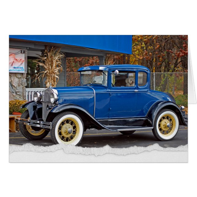 Antique Car by Diner with Bichon Frise Dog (Front Horizontal)