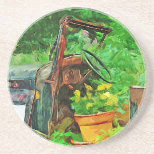 Antique Car Planter Abstract Impressionism Coaster