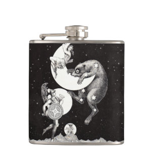 Antique Celestial Moon Goddess & Ursa Major Bear Hip Flask