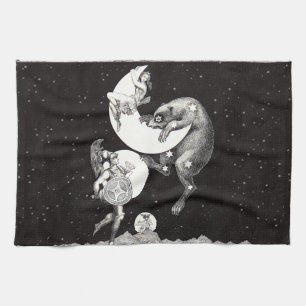 Antique Celestial Moon Goddess & Ursa Major Bear Tea Towel