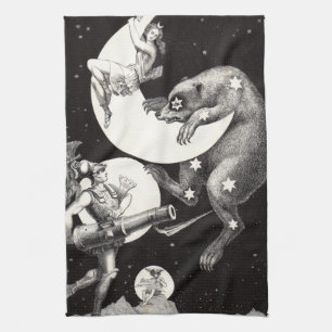 Antique Celestial Moon Goddess & Ursa Major Bear Tea Towel