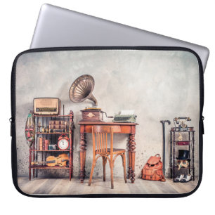 Antique chair, old typewriter, retro radio, gramop laptop sleeve