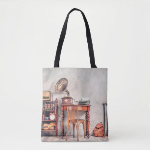 Antique chair, old typewriter, retro radio, gramop tote bag