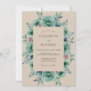Antique Champagne Aqua Peony Wedding Invitation